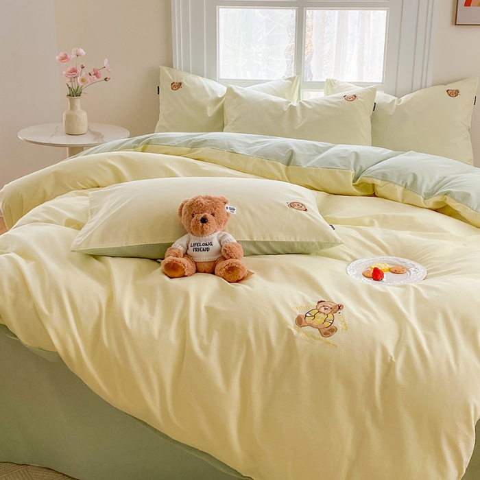 91家纺网 家纺一手货源 找家纺 泰迪爱兰Teddy ISLAND 2026新款32支全棉水洗棉绣花三件套四件套 嫩黄+水绿