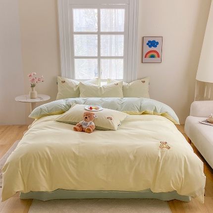 泰迪爱兰Teddy ISLAND 2026新款32支全棉水洗棉绣花三件套四件套 嫩黄+水绿