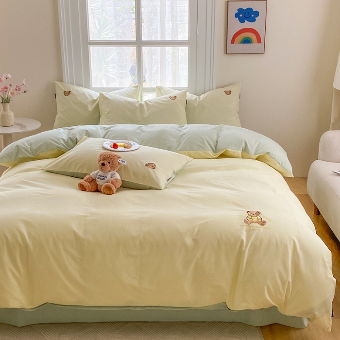 91家纺网 家纺一手货源 找家纺 泰迪爱兰Teddy ISLAND 2026新款32支全棉水洗棉绣花三件套四件套 嫩黄+水绿