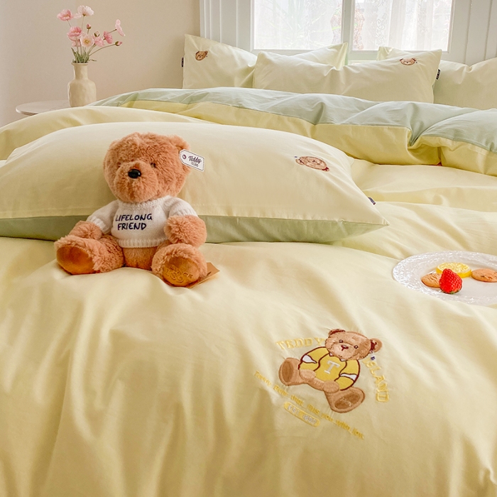 91家纺网 家纺一手货源 找家纺 泰迪爱兰Teddy ISLAND 2026新款32支全棉水洗棉绣花三件套四件套 嫩黄+水绿