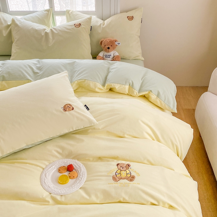 91家纺网 家纺一手货源 找家纺 泰迪爱兰Teddy ISLAND 2026新款32支全棉水洗棉绣花三件套四件套 嫩黄+水绿