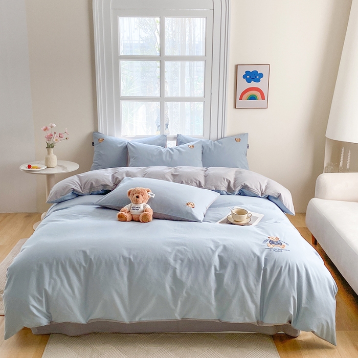 91家纺网 家纺一手货源 找家纺 泰迪爱兰Teddy ISLAND 2026新款32支全棉水洗棉绣花三件套四件套 浅灰兰+青灰