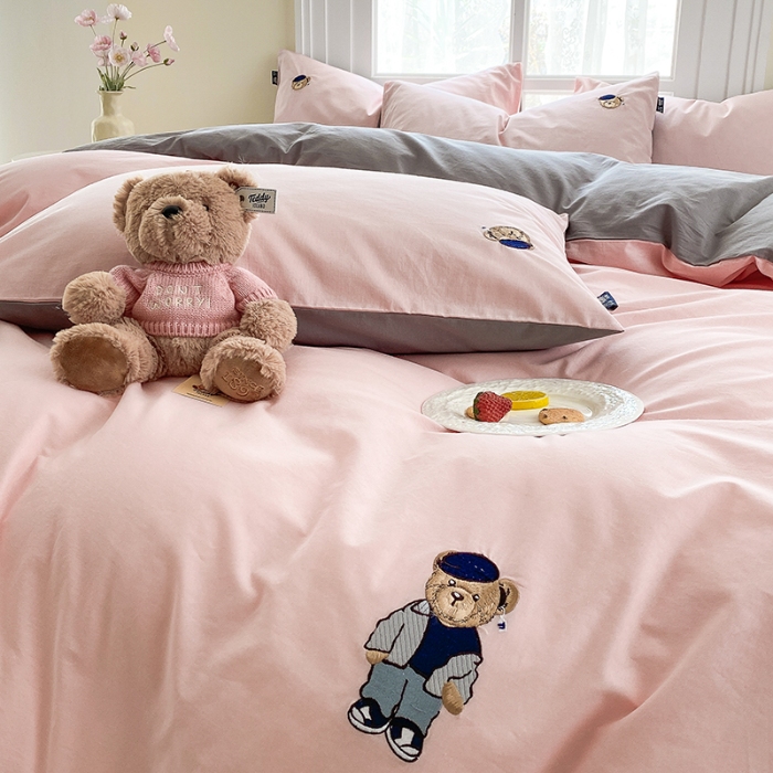 91家纺网 家纺一手货源 找家纺 泰迪爱兰Teddy ISLAND 2026新款32支全棉水洗棉绣花三件套四件套 浅玉+棕灰