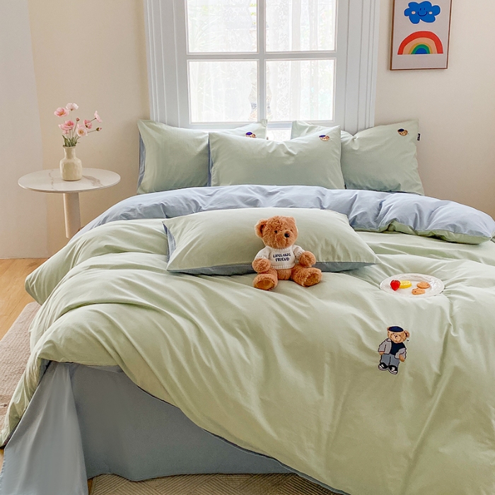 91家纺网 家纺一手货源 找家纺 泰迪爱兰Teddy ISLAND 2026新款32支全棉水洗棉绣花三件套四件套 水绿＋浅灰兰