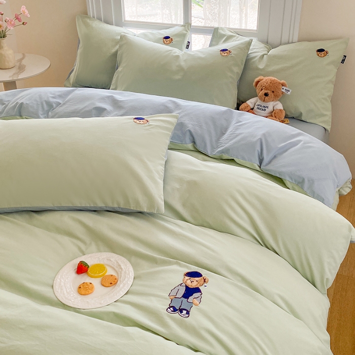 91家纺网 家纺一手货源 找家纺 泰迪爱兰Teddy ISLAND 2026新款32支全棉水洗棉绣花三件套四件套 水绿＋浅灰兰