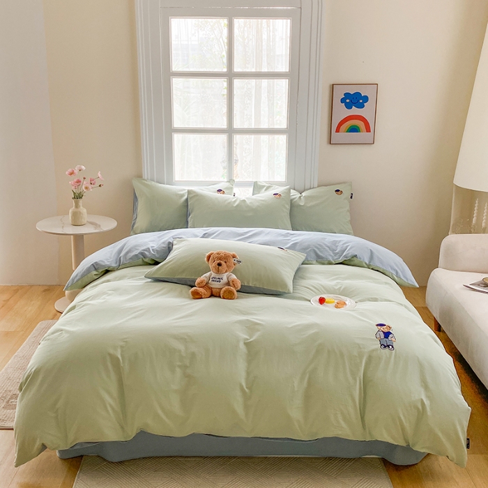 91家纺网 家纺一手货源 找家纺 泰迪爱兰Teddy ISLAND 2026新款32支全棉水洗棉绣花三件套四件套 水绿＋浅灰兰