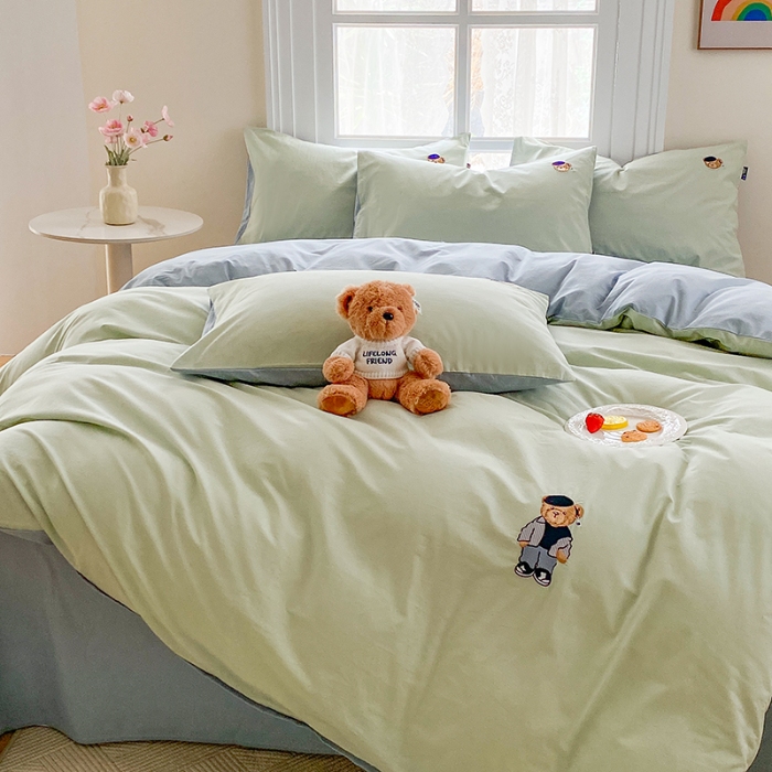 91家纺网 家纺一手货源 找家纺 泰迪爱兰Teddy ISLAND 2026新款32支全棉水洗棉绣花三件套四件套 水绿＋浅灰兰