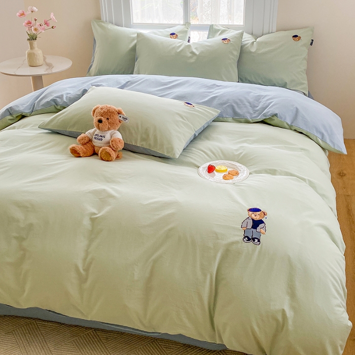 91家纺网 家纺一手货源 找家纺 泰迪爱兰Teddy ISLAND 2026新款32支全棉水洗棉绣花三件套四件套 水绿＋浅灰兰