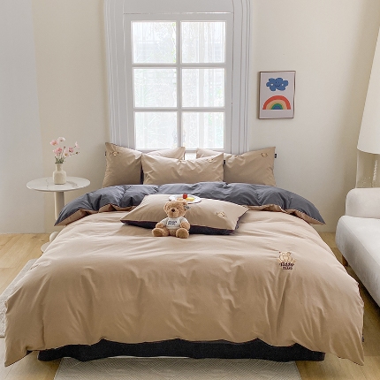 泰迪爱兰Teddy ISLAND 2026新款32支全棉水洗棉绣花三件套四件套 驼色＋深灰