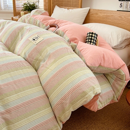 91家纺网 家纺一手货源 找家纺 （总）2025新款色织全棉水洗棉单被套日式复古风被套床单枕套床品套件