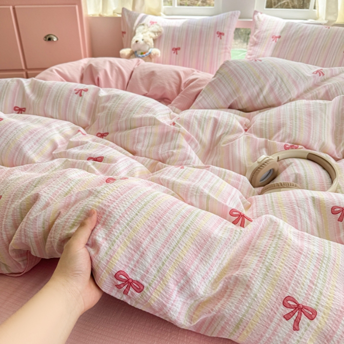 91家纺网 家纺一手货源 找家纺 （总）艾特你 高克重云感木棉皱皱针织双层纱四件套学生宿舍三件套