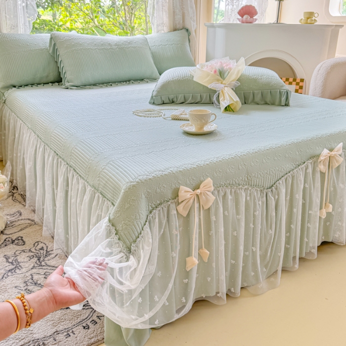 91家纺网 家纺一手货源 找家纺 （总）【苏东来】2025高端法式韩版公主花边PE高分子复合软凉席床裙款三件套纯色蕾丝花边豆豆床裙床单床盖冰丝凉席子三件套件空调席