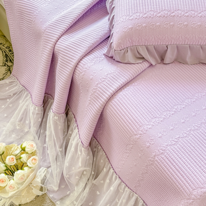 91家纺网 家纺一手货源 找家纺 【苏东来】2025高端法式韩版公主花边PE高分子复合软凉席床裙款三件套纯色蕾丝花边豆豆床裙床单床盖冰丝凉席子三件套件空调席 甜心紫