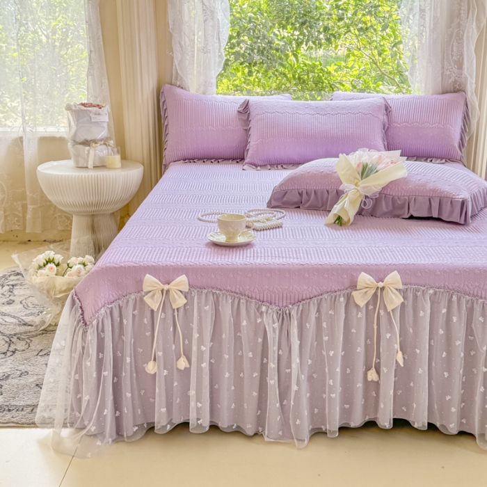 91家纺网 家纺一手货源 找家纺 【苏东来】2025高端法式韩版公主花边PE高分子复合软凉席床裙款三件套纯色蕾丝花边豆豆床裙床单床盖冰丝凉席子三件套件空调席 甜心紫