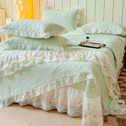 （总）漫布云2025春夏韩版公主风水洗棉蕾丝床盖款夏被四件套法式蕾丝花边床裙款四件套