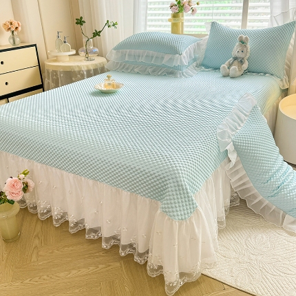 91家纺网 家纺一手货源 找家纺 （总）漫布云2025新款凉豆豆纯色系床裙款床单款床盖床单凉席三件套蕾丝床盖款凉席三件套