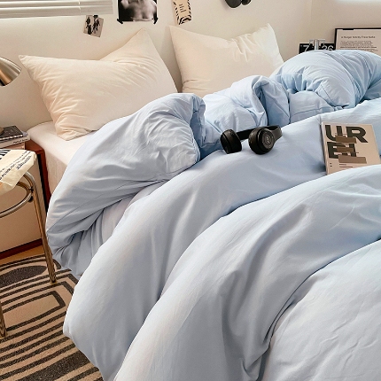 91家纺网 家纺一手货源 找家纺 （总）（总）2025新款纯色双拼水洗棉单被套床单枕套柔软舒适居家床上用品