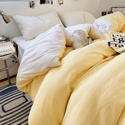 91家纺网 家纺一手货源 找家纺 （总）（总）2025新款纯色双拼水洗棉单被套床单枕套柔软舒适居家床上用品