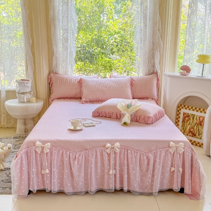 91家纺网 家纺一手货源 找家纺 【苏东来】2025高端法式韩版公主花边PE高分子复合软凉席床裙款三件套纯色蕾丝花边豆豆床裙床单床盖冰丝凉席子三件套件空调席 甜心蓝