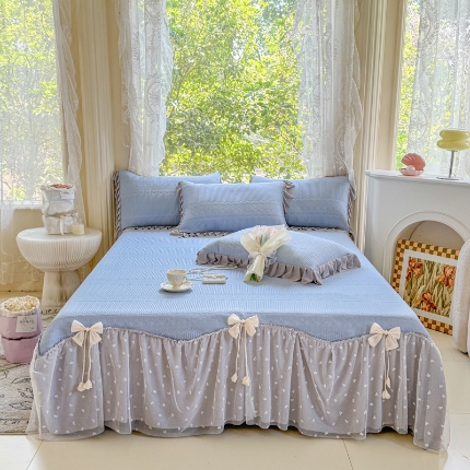 91家纺网 家纺一手货源 找家纺 【苏东来】2025高端法式韩版公主花边PE高分子复合软凉席床裙款三件套纯色蕾丝花边豆豆床裙床单床盖冰丝凉席子三件套件空调席 甜心蓝