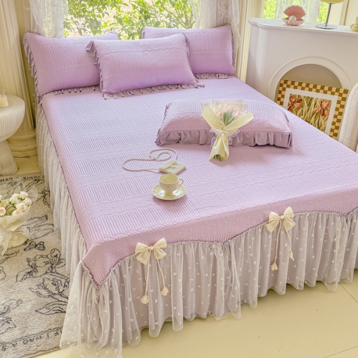 91家纺网 家纺一手货源 找家纺 【苏东来】2025高端法式韩版公主花边PE高分子复合软凉席床裙款三件套纯色蕾丝花边豆豆床裙床单床盖冰丝凉席子三件套件空调席 甜心紫