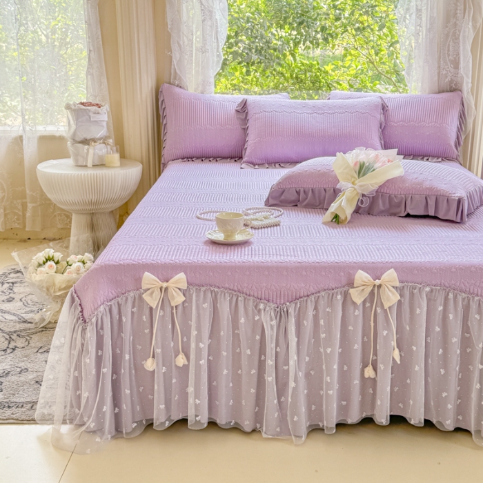 91家纺网 家纺一手货源 找家纺 【苏东来】2025高端法式韩版公主花边PE高分子复合软凉席床裙款三件套纯色蕾丝花边豆豆床裙床单床盖冰丝凉席子三件套件空调席 甜心紫