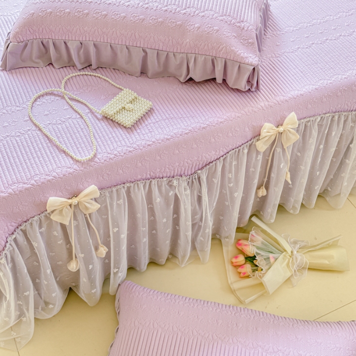 91家纺网 家纺一手货源 找家纺 【苏东来】2025高端法式韩版公主花边PE高分子复合软凉席床裙款三件套纯色蕾丝花边豆豆床裙床单床盖冰丝凉席子三件套件空调席 甜心紫