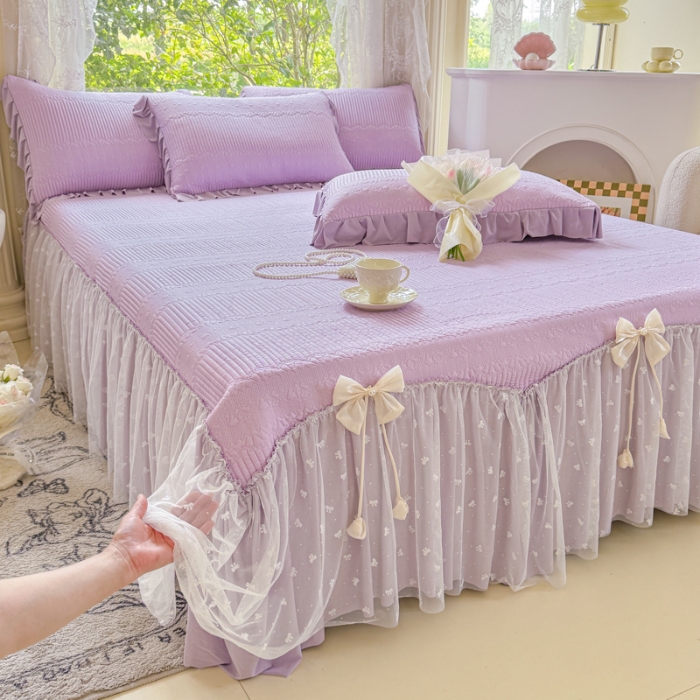 91家纺网 家纺一手货源 找家纺 【苏东来】2025高端法式韩版公主花边PE高分子复合软凉席床裙款三件套纯色蕾丝花边豆豆床裙床单床盖冰丝凉席子三件套件空调席 甜心紫