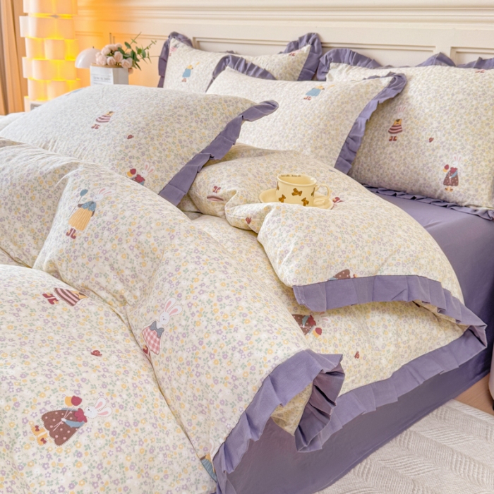 91家纺网 家纺一手货源 找家纺 （总）【苏东来】2025韩版木耳花边纯棉全棉双层纱四件套全棉纯棉小碎花印花四件套法式赫本公主风皱皱纱蕾丝花边四件套针织棉四件套件