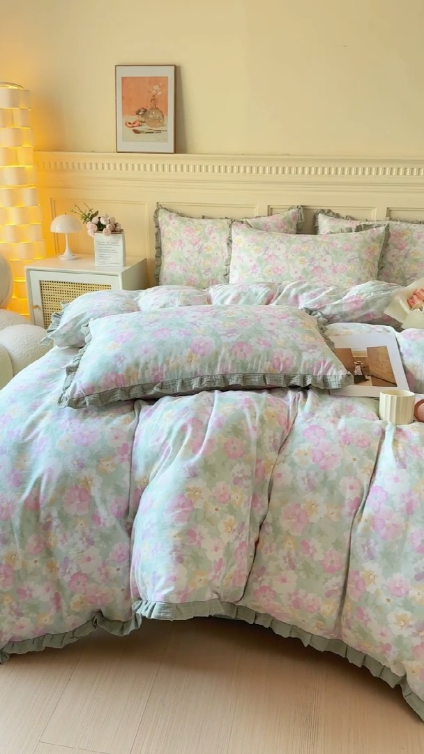 91家纺网 家纺一手货源 找家纺 （总）【苏东来】2025韩版木耳花边纯棉全棉双层纱四件套全棉纯棉小碎花印花四件套法式赫本公主风皱皱纱蕾丝花边四件套针织棉四件套件