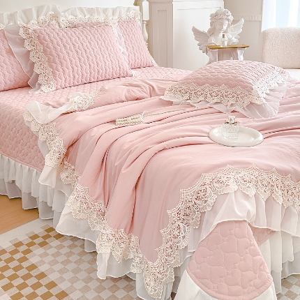 91家纺网 家纺一手货源 找家纺 （总）2025新款A类糯小棉法式蕾丝雪纺床盖三件套 夏季法式花边夏被四件套空调被夏凉被薄被子