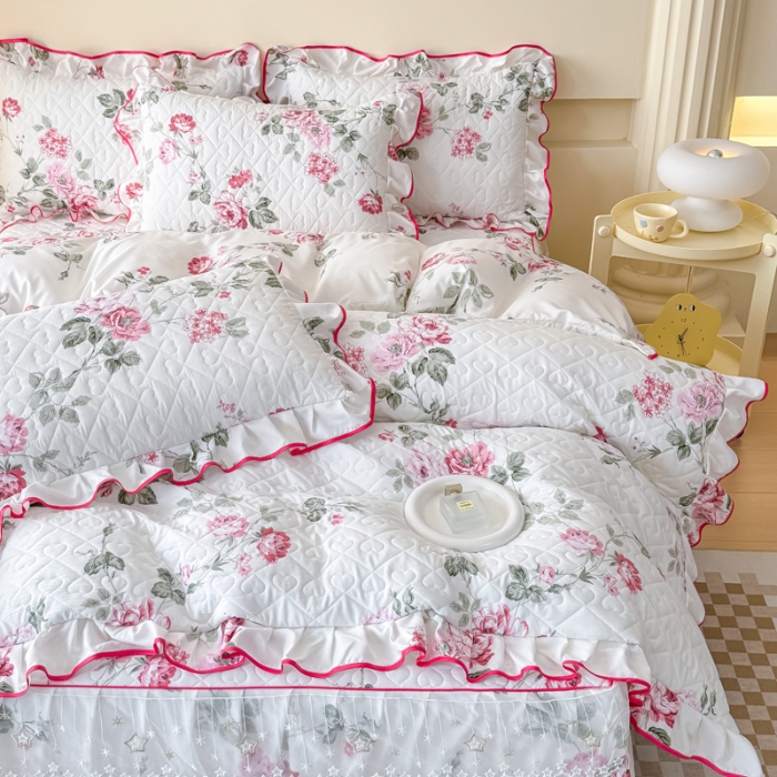 91家纺网 家纺一手货源 找家纺 （总）2025云朵棉多功能印花全夹棉床裙四件套 夹棉被套空调被蕾丝花边加棉床裙三件套枕套夏被单品