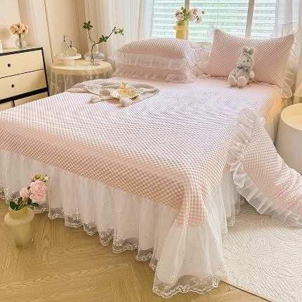 91家纺网 家纺一手货源 找家纺 （总）漫布云2025新款凉豆豆纯色系床裙款床单款床盖床单凉席三件套蕾丝床盖款凉席三件套