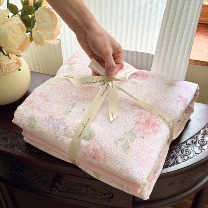 91家纺网 家纺一手货源 找家纺 （总）艾特你 高克重云感木棉皱皱针织双层纱四件套学生宿舍三件套