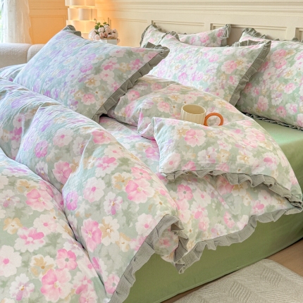 91家纺网 家纺一手货源 找家纺 （总）【苏东来】2025韩版木耳花边纯棉全棉双层纱四件套全棉纯棉小碎花印花四件套法式赫本公主风皱皱纱蕾丝花边四件套针织棉四件套件