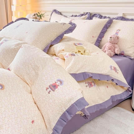 （总）【苏东来】2025韩版木耳花边纯棉全棉双层纱四件套全棉纯棉小碎花印花四件套法式赫本公主风皱皱纱蕾丝花边四件套针织棉四件套件