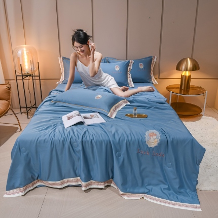 91家纺网 家纺一手货源 找家纺 （总）【苏东来】2025轻奢宽边居里夫人水洗真丝刺绣夏被四件套四件套纯色冰丝天丝刺绣夏凉被空调被双人春秋被