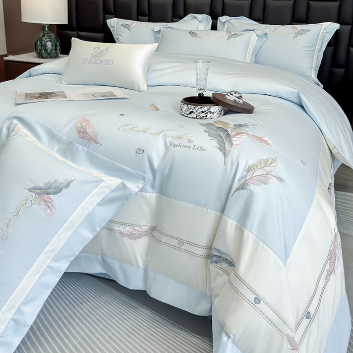 91家纺网 家纺一手货源 找家纺 春夏新品高级感50*50S贡缎长绒棉刺绣四件套纯棉床单全棉床笠高档礼盒装量大价优 蒂芙尼蓝-彩羽-贡缎长绒棉