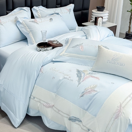 春夏新品高级感50*50S贡缎长绒棉刺绣四件套纯棉床单全棉床笠高档礼盒装量大价优 蒂芙尼蓝-彩羽-贡缎长绒棉