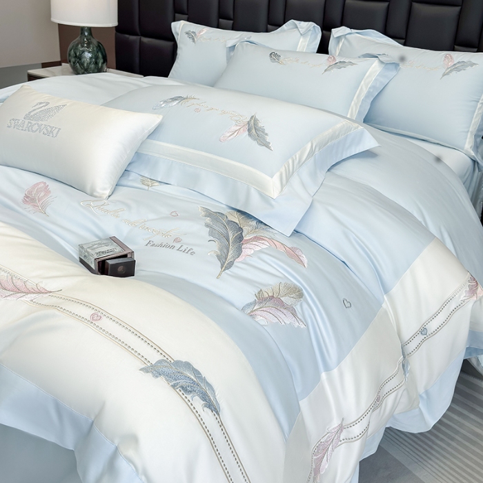 91家纺网 家纺一手货源 找家纺 春夏新品高级感50*50S贡缎长绒棉刺绣四件套纯棉床单全棉床笠高档礼盒装量大价优 蒂芙尼蓝-彩羽-贡缎长绒棉