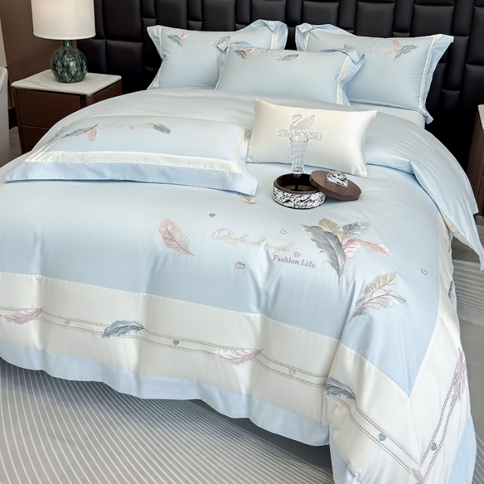 91家纺网 家纺一手货源 找家纺 春夏新品高级感50*50S贡缎长绒棉刺绣四件套纯棉床单全棉床笠高档礼盒装量大价优 蒂芙尼蓝-彩羽-贡缎长绒棉