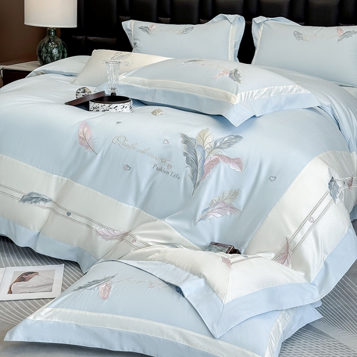 91家纺网 家纺一手货源 找家纺 春夏新品高级感50*50S贡缎长绒棉刺绣四件套纯棉床单全棉床笠高档礼盒装量大价优 蒂芙尼蓝-彩羽-贡缎长绒棉