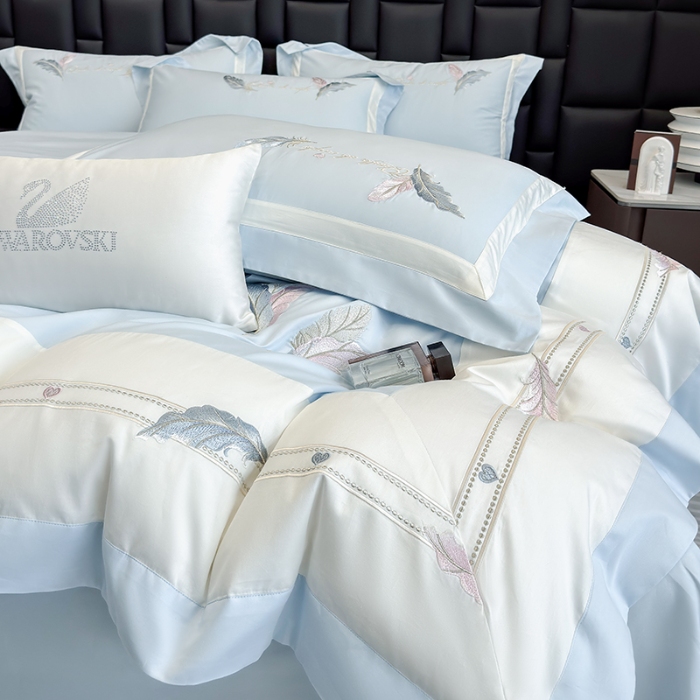 91家纺网 家纺一手货源 找家纺 春夏新品高级感50*50S贡缎长绒棉刺绣四件套纯棉床单全棉床笠高档礼盒装量大价优 蒂芙尼蓝-彩羽-贡缎长绒棉