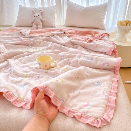 91家纺网 家纺一手货源 找家纺 （总）【苏东来】2025高端韩版皱皱花边母婴级印花全棉双层纱夏被清新公主风法式蕾丝花边纯棉双层纱夏凉被空调被春秋被四件套