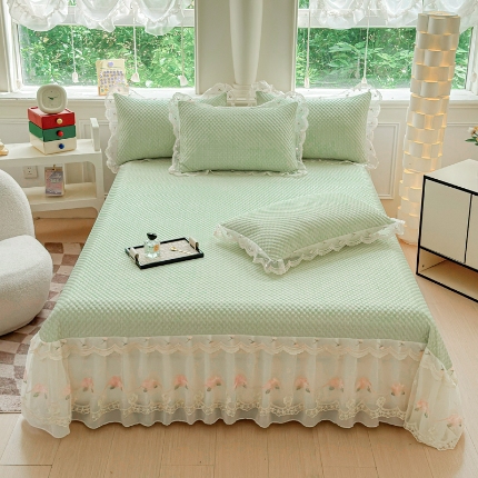 苏米娜2025甄选A类凉豆豆纯色系蕾丝花边床裙款床单款床盖床单凉席三件套蕾丝床盖款凉席三件套  唯爱-新芽绿 