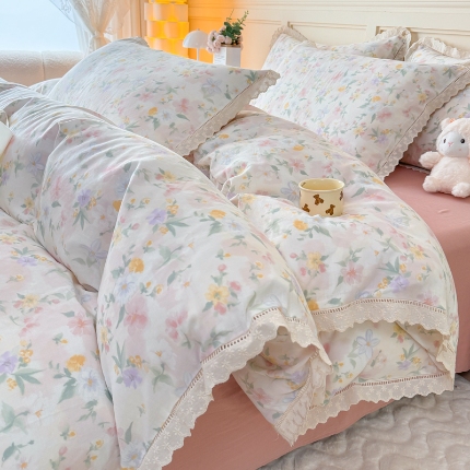 91家纺网 家纺一手货源 找家纺 （总）【苏东来】2025韩版蕾丝花边纯棉全棉双层纱四件套全棉纯棉小碎花印花四件套法式赫本公主风韩系皱皱纱花边四件套针织棉四件套件