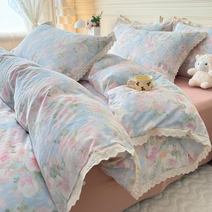 91家纺网 家纺一手货源 找家纺 （总）【苏东来】2025韩版蕾丝花边纯棉全棉双层纱四件套全棉纯棉小碎花印花四件套法式赫本公主风韩系皱皱纱花边四件套针织棉四件套件