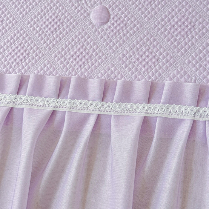 91家纺网 家纺一手货源 找家纺 漫布云 2025新款凉豆豆PE凉感丝花边床裙款冰豆豆凉席床盖三件套 樱桃-梦幻紫