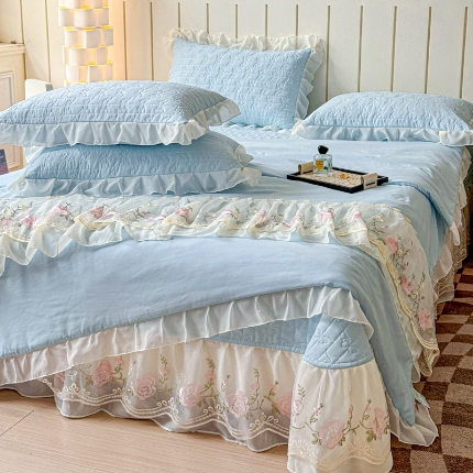 苏米娜2025春夏韩版公主风水洗棉蕾丝床盖款夏被四件套法式蕾丝花边床裙款四件套 艾薇—梦幻蓝