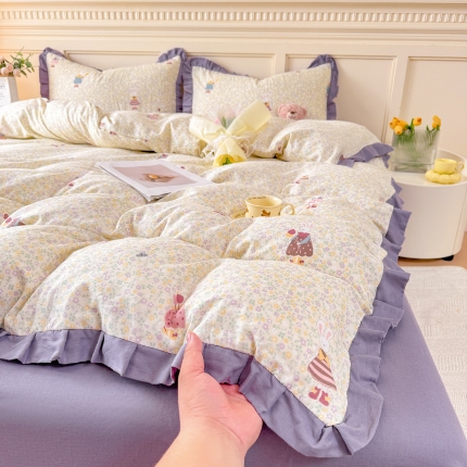 91家纺网 家纺一手货源 找家纺 （总）【苏东来】2025韩版木耳花边纯棉全棉双层纱四件套全棉纯棉小碎花印花四件套法式赫本公主风皱皱纱蕾丝花边四件套针织棉四件套件